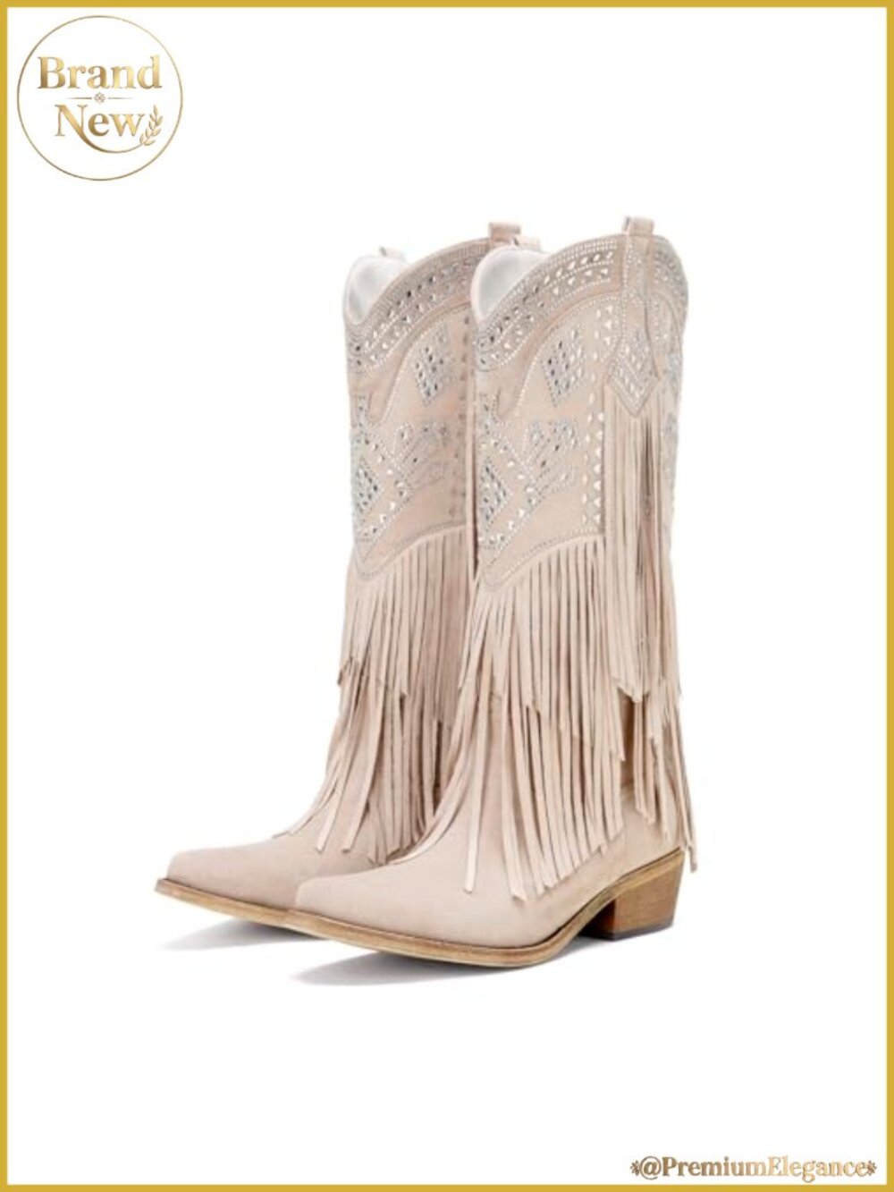 Women's Cowboy Boots Knee High Western Fringe Rhinestone Chunky Heel Pointed Toe